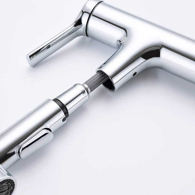 Single Hole Bathroom Faucet with Pull Out Sprayer, Dual Spray Modes, Solid Brass Polished Chrome Bathroom Faucet for Sink, Modern One Handle Bath Vanity Faucet with Face Basin Mixer Tap\\nVisit the YI