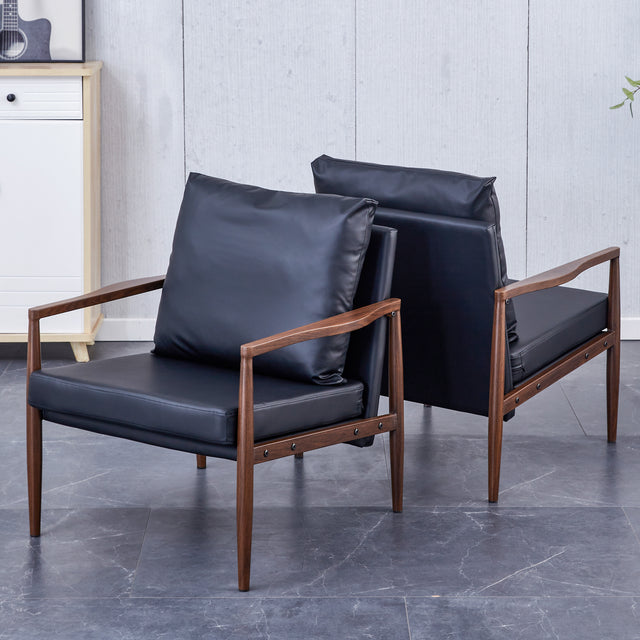 Sofa Chair Set of 2.Black PU Leather Accent Arm Chair Mid Century Modern Upholstered Armchair with Imitation solid wood color Metal Frame Padded Backrest and Seat Cushion Sofa Chairs for Living Room