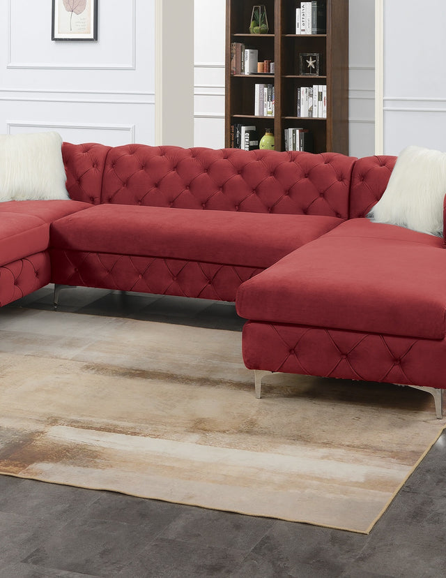 Gorgeous Living Room U-Sectional Burgundy Velvet Tufted Cushion Couch LAF And RAF Chaise Armless Loveseat