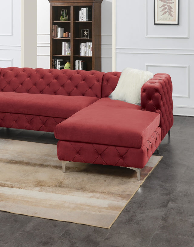 Gorgeous Living Room U-Sectional Burgundy Velvet Tufted Cushion Couch LAF And RAF Chaise Armless Loveseat