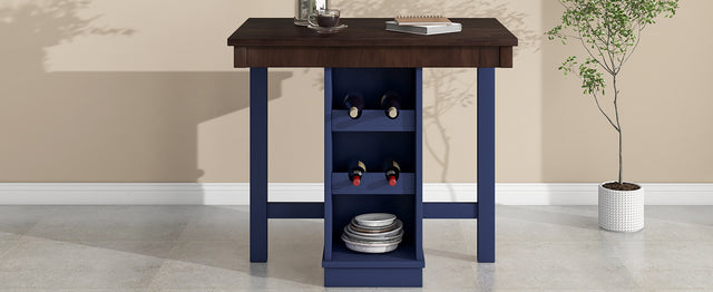 TOPMAX Farmhouse Counter Height Dining Table, Square Wood Table with 3-Tier Adjustable Storage Shelves and Wine Racks for Small Spaces, Brown and Blue