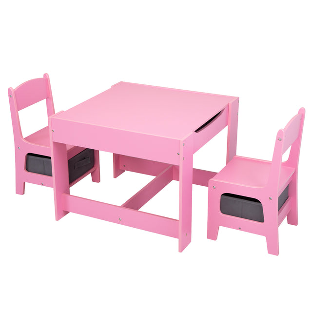3-in-1 Kids Wood Table and 2 Chairs, Children Activity Table Set with Storage, Blackboard, Double-Sided Table for Drawing,Pink & Gray