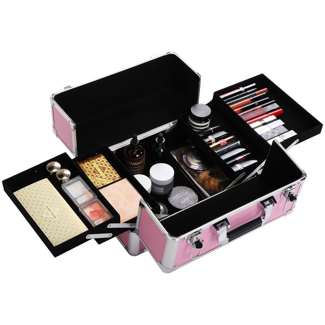 4-in-1 Makeup Travel Case with 360° Rolling Wheels, Locks, Keys and Adjustable Dividers, Pink
