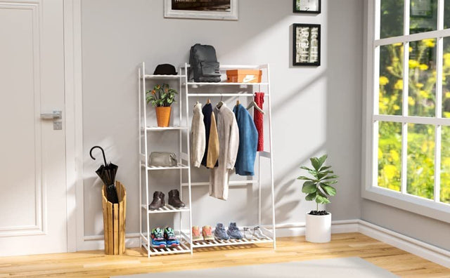 Clothes Rack,Heavy Duty Clothes Rack with Shelves,Freestanding Closet Organizer for Living Bedroom Room Kitchen Bathroom Entryway Office Storage Shelves Clothes Hanging Rack,CR-538 White