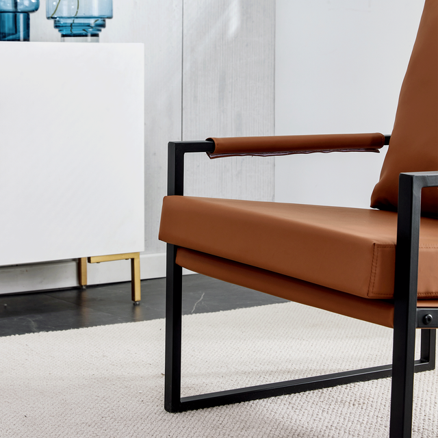 PU Leather Accent Arm Chair Mid Century Modern Upholstered Armchair with Metal Frame Extra-Thick Padded Backrest and Seat Cushion Sofa Chairs for Living Room ( Brown PU Leather + Metal Frame + Foam)