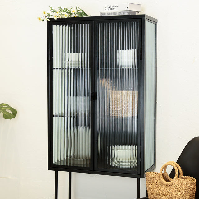 Retro Style Fluted Glass High Cabinet Storage Dual Doors Three Detachable Wide Shelves Enclosed Dust-free Storage for Living Room Bathroom Dining Room Kitchen Room Entryway,BLACK (OLD SKU:W68734128)
