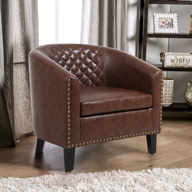 COOLMORE accent Barrel chair living room chair with nailheads and solid wood legs  Brown pu leather