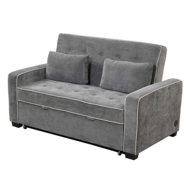 65.7" Linen Upholstered Sleeper , Pull Out Sofa Couch attached two throw pillows,Dual USB Charging Port and Adjustable Backrest for Living Room Space，Charcoal Gray