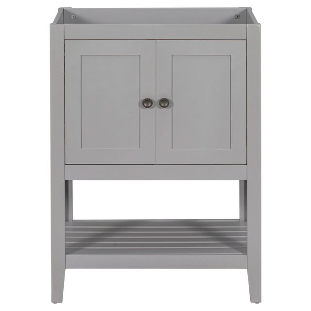 24" Bathroom Vanity Base Only, Soild Wood Frame, Bathroom Storage Cabinet with Doors and Open Shelf, Grey