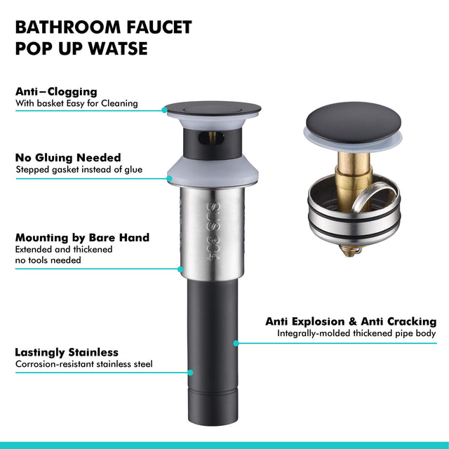 Sink Drain Stopper Bathroom 1.75 In, Pop-Up Drain Stainless Steel With Overflow Anti-Clogging for Vessel Sink Lavatory Vanity Sink Drain with Strainer Basket, Matte Black