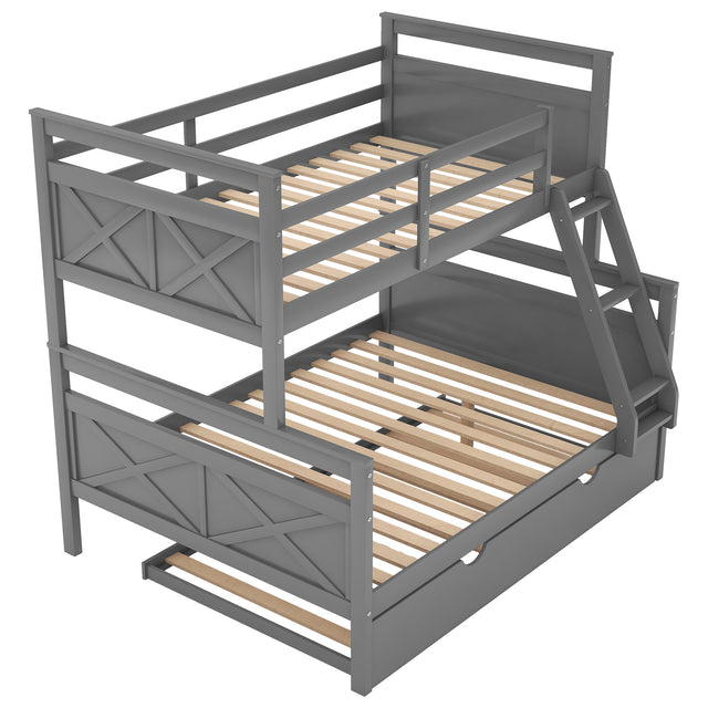 Twin over Full Bunk Bed with Ladder, Twin Size Trundle, Safety Guardrail, Gray