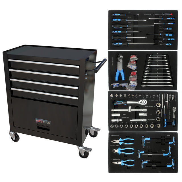 4 DRAWERS BLACK TOOL CABINET WITH TOOL SETS