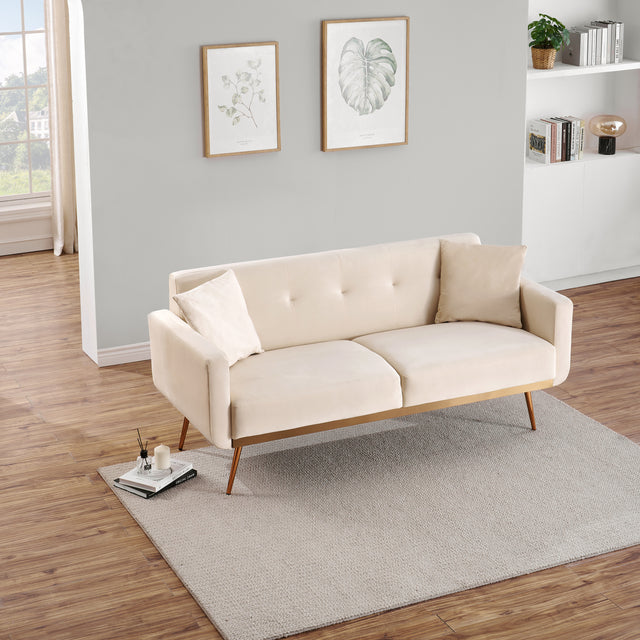 Modern beige velvet sand living room sofa with midfoot and two throw pillows