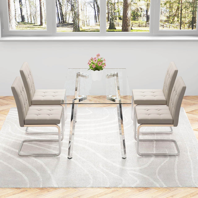 Glass Dining Table, Dining Chair set, 4 Light Brown Embedded Button Dining Chairs and 1 Dining Table .Table Size 51" W x 31"D x 30" H