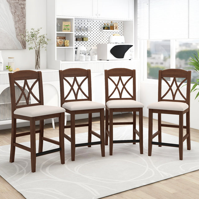 TOPMAX Casual Counter Height Wood Upholstered Dining Chairs with Cross Backs, Set of 4, Walnut+Beige