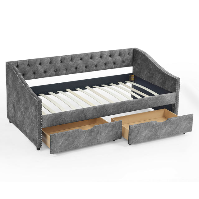 Twin Size Daybed with Drawers Upholstered Tufted Sofa Bed, with Button on Back and Copper Nail on Waved Shape Arms，Grey（81.5“x41”x30.5“）