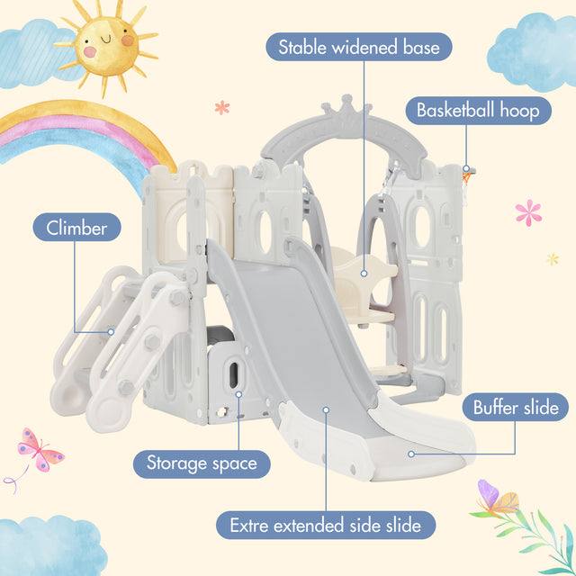 Toddler Slide and Swing Set 5 in 1, Kids Playground Climber Slide Playset with Basketball Hoop Freestanding Combination for Babies Indoor & Outdoor