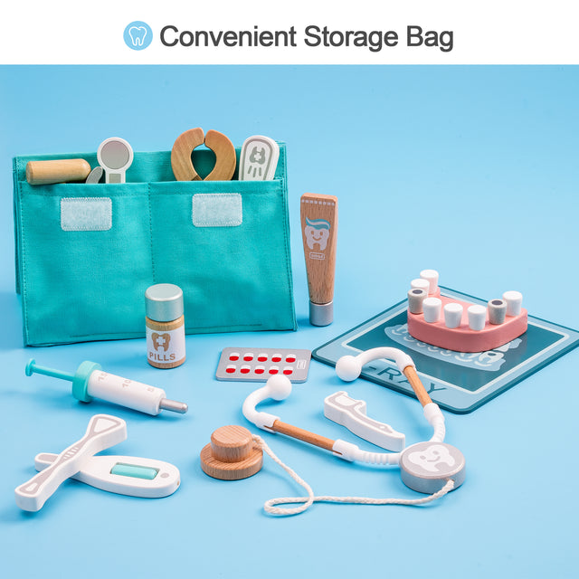 Wooden Doctor Kit for Kids Toddlers, Pretend Play Dentist Medical Playset