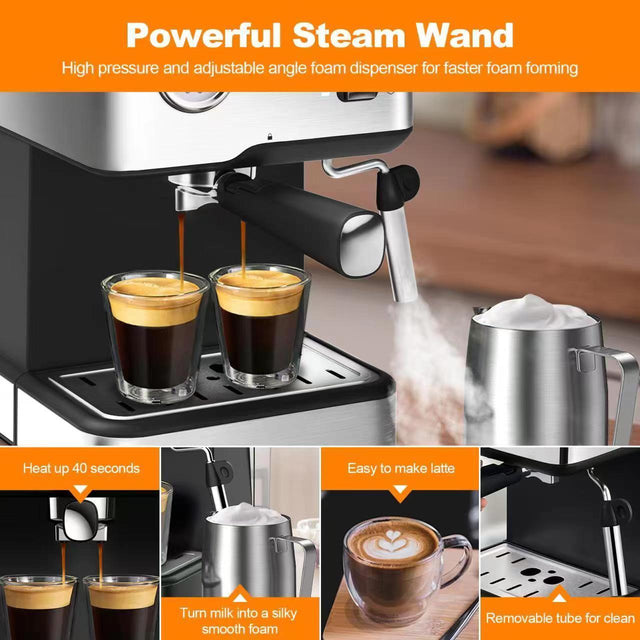 Geek Chef Espresso Machine,Espresso and Cappuccino latte Maker 20 Bar Pump Coffee Machine Compatible with pressure gauge&Milk Frother Steam Wand,stainless steel,1.5L Water ,Complimentary ESE FilterTan