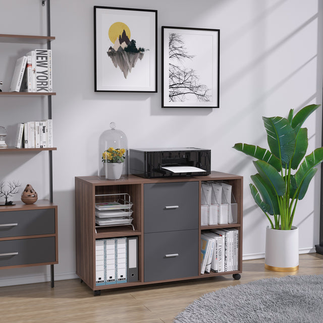 Mobile filing cabinet with 2 drawers and 4 open storage cabinets, Walnut-dark gray