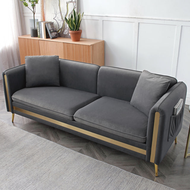 77.2” Modern Upholstered Velvet Sofa 3 Seater Couch with Removable Cushions Side Pocket Mid-Century Tufted Living Room Set Gold Metal Legs,2 Pillows Included,Grey