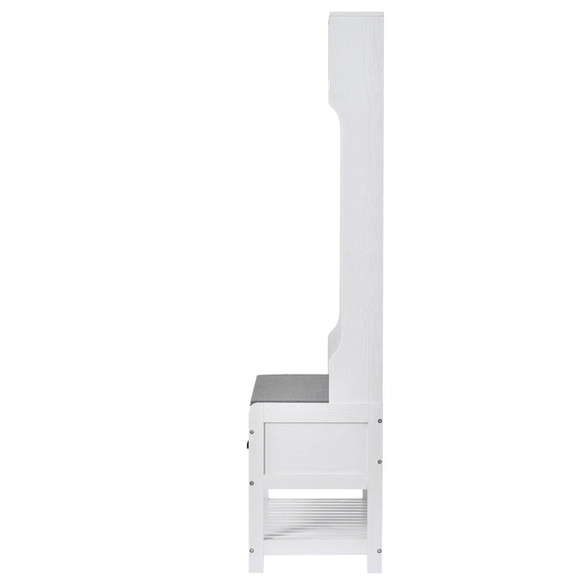 U-Can Hall Tree with 4 Hooks and Hinged Lid, Coat Hanger, Entryway Bench, Storage Bench, 3-in-1 Design, 69INCH, for Entrance, Hallway (White)