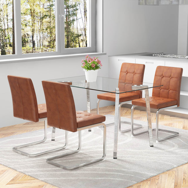 Glass Dining Table, Dining Chair set, 4 Brown Embedded Button Dining Chairs and 1 Dining Table .Table Size 51" W x 31"D x 30" H