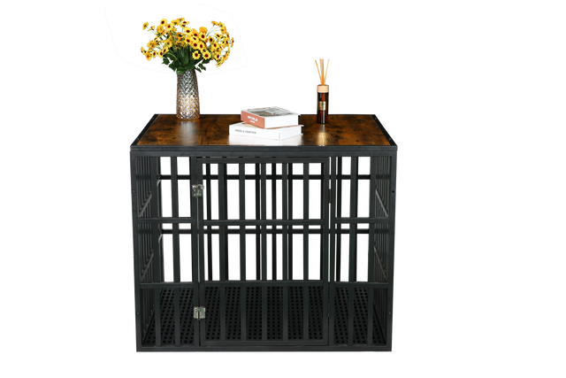 NEW HEAVY DUTY DOG CRATE FURNITURE FOR LARGE DOGS WOOD & STEEL DESIGN DOG CAGE INDOOR & OUTDOOR PET KENNEL 38X30X32INCH PET PLAYPEN WITH COVER METAL DOG FENCE CRATE BLACK