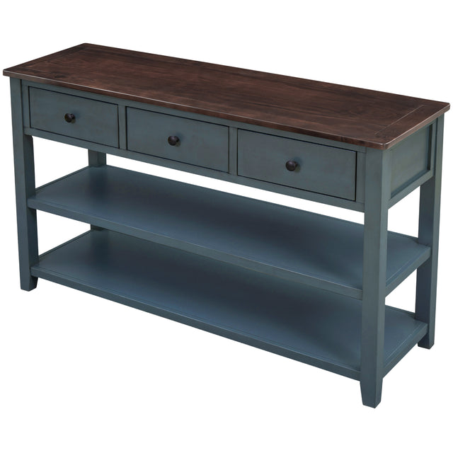 TREXM Retro Design Console Table with Two Open Shelves, Pine Solid Wood Frame and Legs for Living Room (Navy)