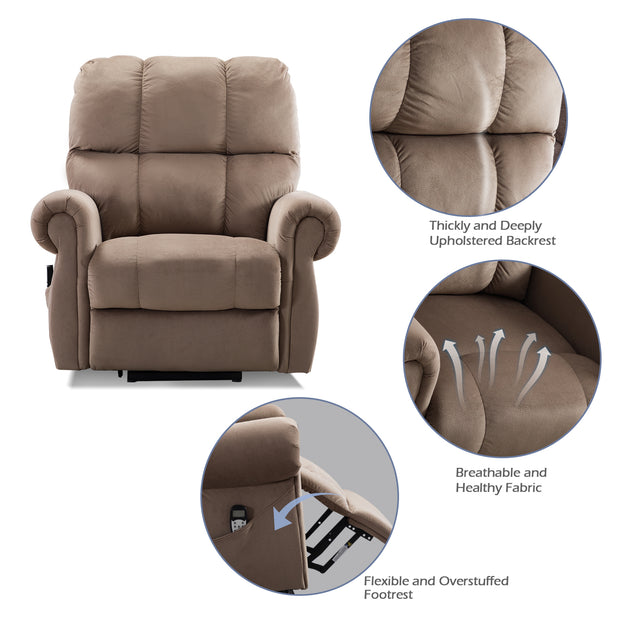 Electric lift recliner with heat therapy and massage, suitable for the elderly, heavy recliner, with modern padded arms and back, camel