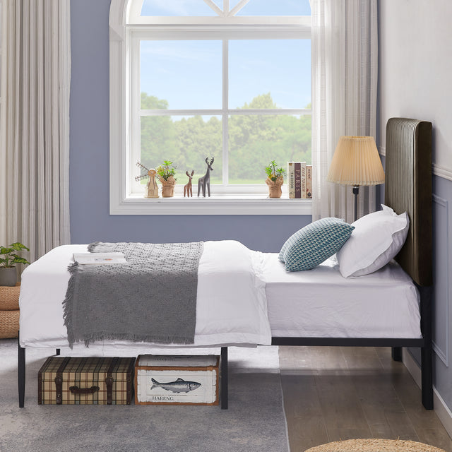 B110 Twin bed Beautiful line stripe cushion headboard  Strong iron frame with high temperature paint