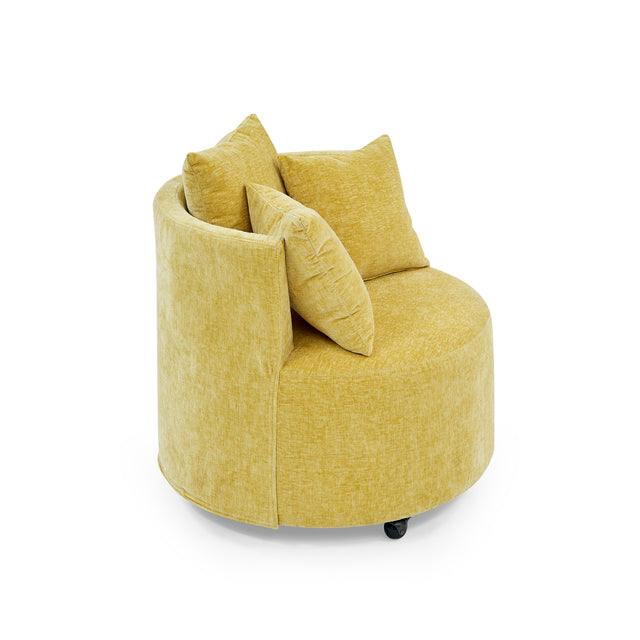 Modern Chenille Upholstered Swivel Backrest Chair for Living Room, with Movable Wheels, Including 3 Pillows, Yellow