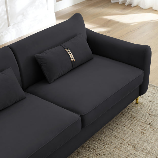 80.3" Modern Sofa Couch Upholstered Sofa Tufted Back Comfy Velvet Long Couch with 2 Pillows and Golden Legs for Living Room, Bedroom, Office, Apartment, Black
