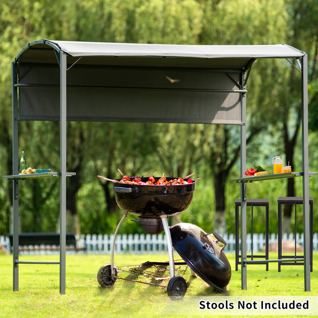 TOPMAX Outdoor 7Ft.Wx4.5Ft.L Iron Double Tiered Backyard Patio BBQ Grill Gazebo with Side Awning, Bar Counters and Hooks, Gray
