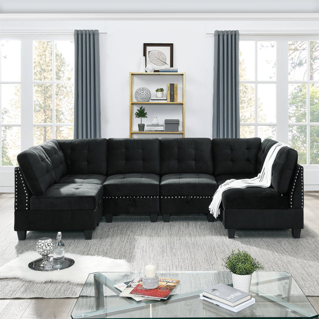 U shape Modular Sectional Sofa，DIY Combination，includes Four Single Chair and Two Corner，Black Velvet.