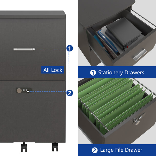 Dark gray  file cabinet with two drawers with lock, office storage cabinet Office pulley removable file cabinet Wooden drawer cabinet Office storage cabinet Low cabinet