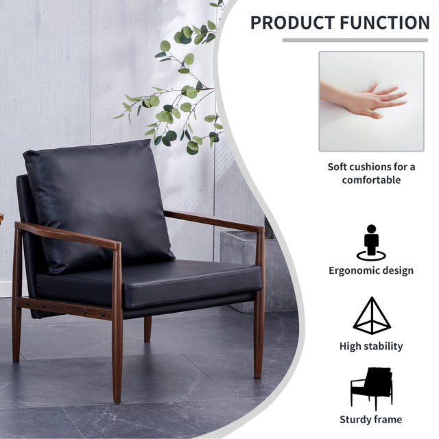 Sofa Chair Set of 2.Black PU Leather Accent Arm Chair Mid Century Modern Upholstered Armchair with Imitation solid wood color Metal Frame Padded Backrest and Seat Cushion Sofa Chairs for Living Room