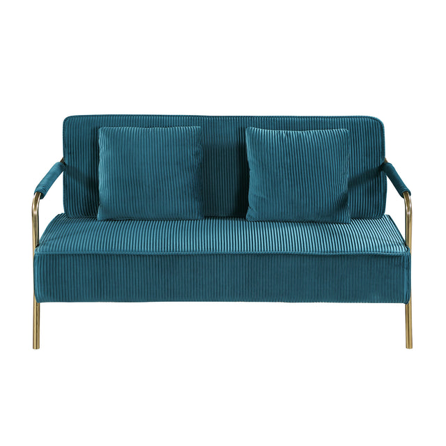 56" Width Modern Upholstered Pleated Velvet Loveseat Comfy 2 Seater Small Sofa Couch with Gold Metal Legs 2pcs Throw Pillows for Living Room,Small Spaces,Apartment, Bedroom,Office,Teal