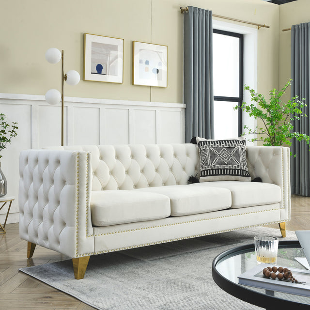 {Contact us for 3D modeling} Velvet Sofa for Living Room,Buttons Tufted Square Arm Couch, Modern Couch Upholstered Button and Metal Legs, Sofa Couch for Bedroom, Beige Velvet