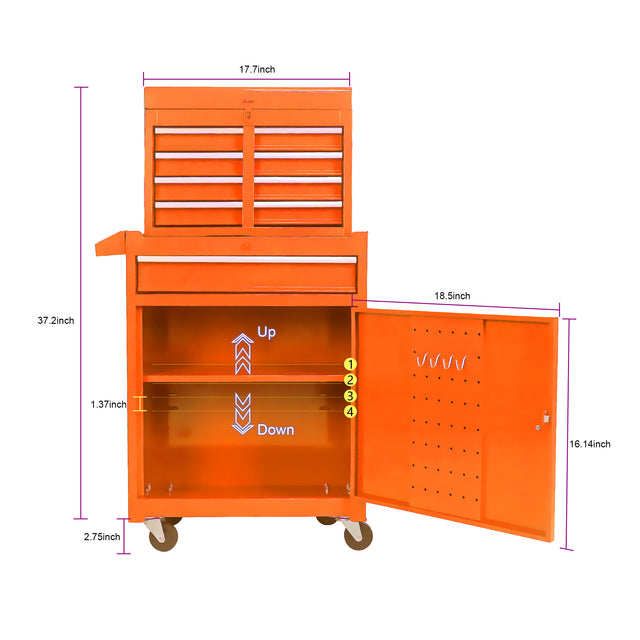 Detachable 5 Drawer Tool Chest with Bottom Cabinet and one Adjustable Shelf--Orange