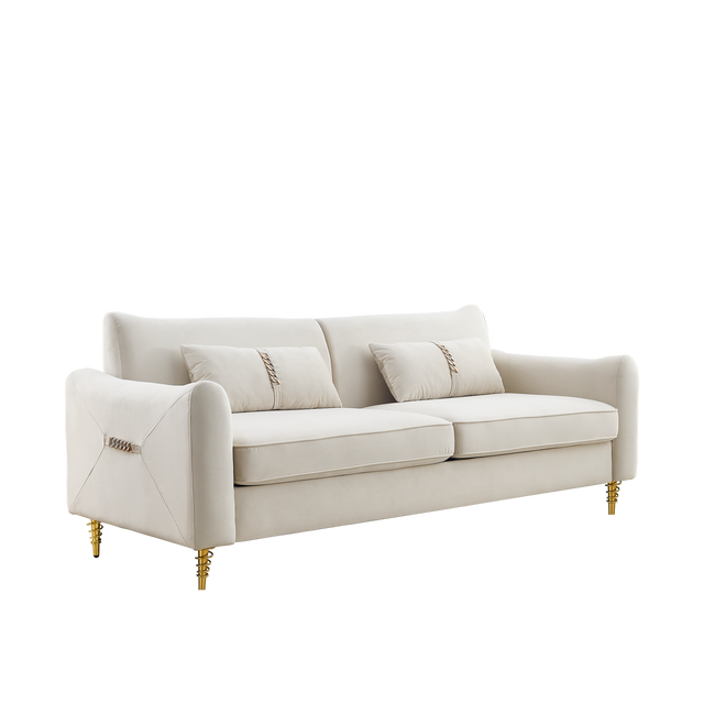80.3" Modern Sofa Couch Upholstered Sofa Tufted Back Comfy Velvet Long Couch with 2 Pillows and Golden Legs for Living Room, Bedroom, Office, Apartment, Beige