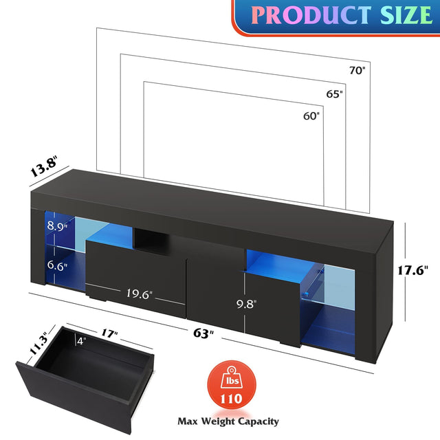 LED TV Stand for 60/65/70 Inch TV, Entertainment Center with Open Shelves, TV Console with 2 Storage Drawers for Bedroom, Living Room, Media Stand with Display Glass, Black