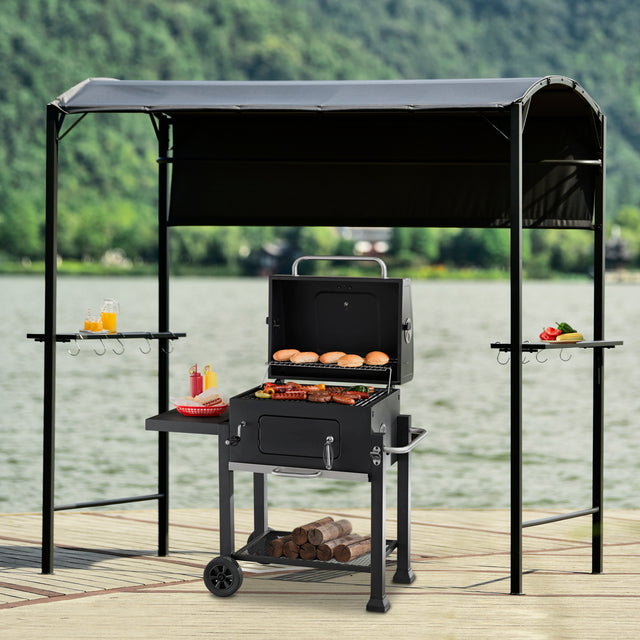 TOPMAX Outdoor 7Ft.Wx4.5Ft.L Iron Double Tiered Backyard Patio BBQ Grill Gazebo with Side Awning, Bar Counters and Hooks, Gray