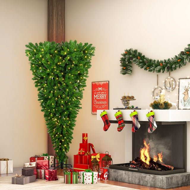 Upside Down Green Christmas Tree, Xmas Tree with LED Warm White Lights, Reinforced Metal Base & Easy Assembly 6ft, w/1,000 Lush Branch Tips, 360 LED Lights X-mas
