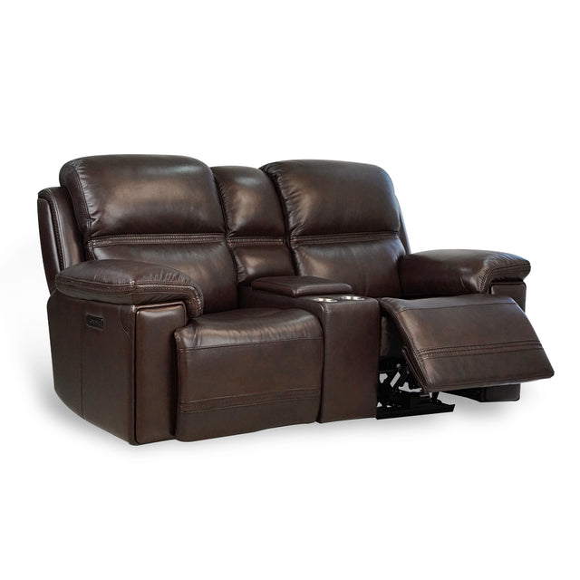 Timo Top Grain Leather Power Reclining Loveseat With Console | Adjustable Headrest | Storage | Steel Cup Holders | Cross Stitching