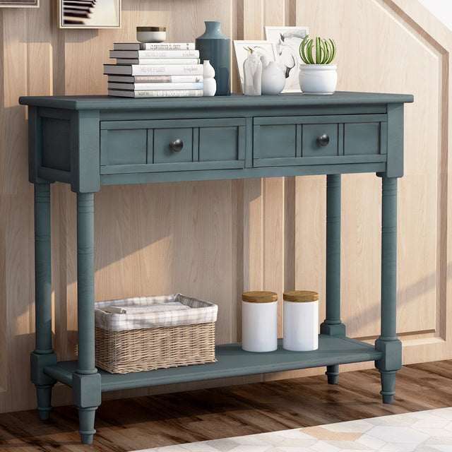 TREXM Daisy Series Console Table Traditional Design with Two Drawers and Bottom Shelf (Navy)