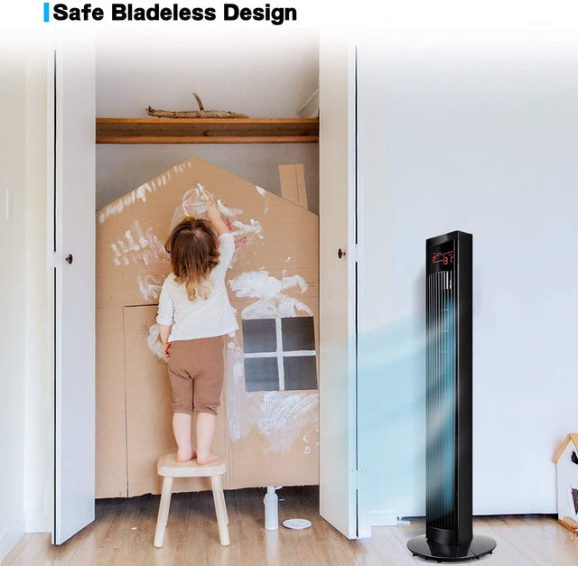 Simple Deluxe 36’’ Electric Oscillating Tower Fan with Remote Controland Large LED Display, Great for Indoor, Bedroom and Home Office, Black