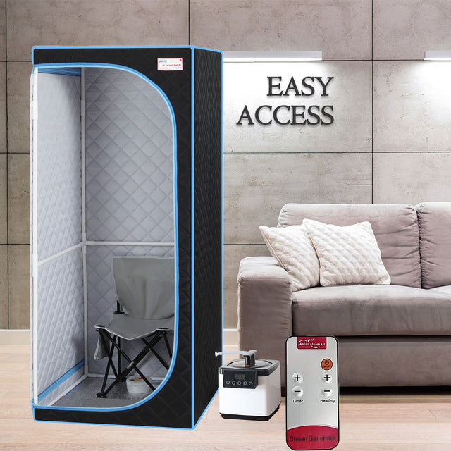 Full Size Portable Black Steam Sauna tent–Personal Home Spa, with Steam Generator, Remote Control, Foldable Chair, Timer and PVC Pipe Connector Easy to Install.Fast heating, with FCC Certification