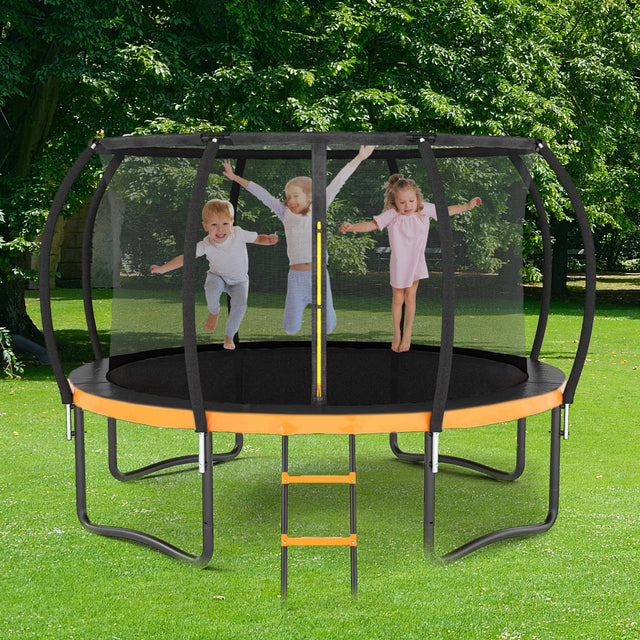 12FT Outdoor Big Trampoline With Inner Safety Enclosure Net, Ladder, PVC Spring Cover Padding, For Kids, Black&Orange Color