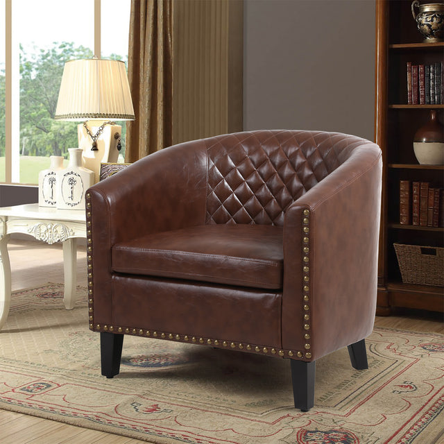COOLMORE accent Barrel chair living room chair with nailheads and solid wood legs  Brown pu leather
